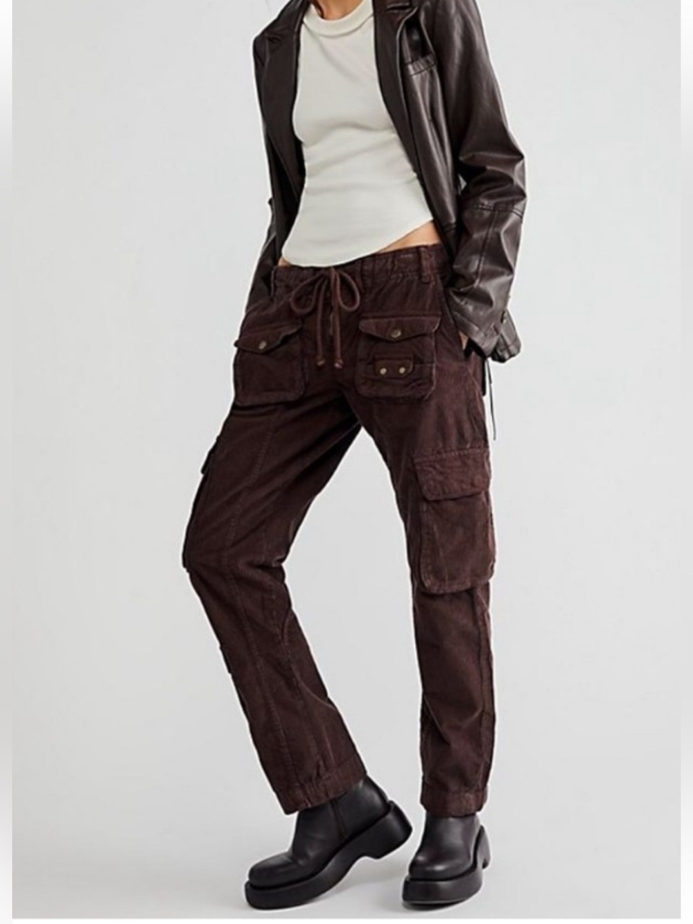 Free People Tahiti Cargo Corduroy Pants Size small Brown Drawstring